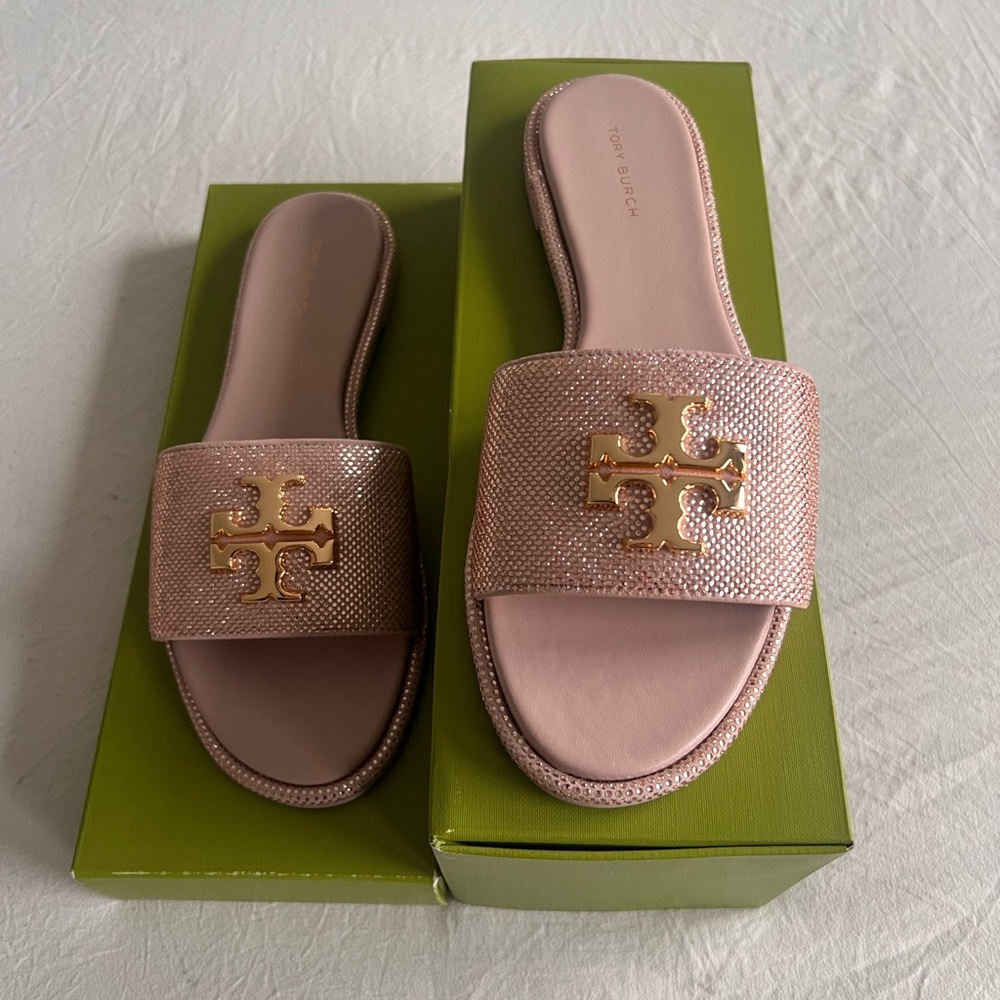 Tory Burch Everly Slide Sandals Posy Pink / Crystal/Gold Size 8. Brand new.